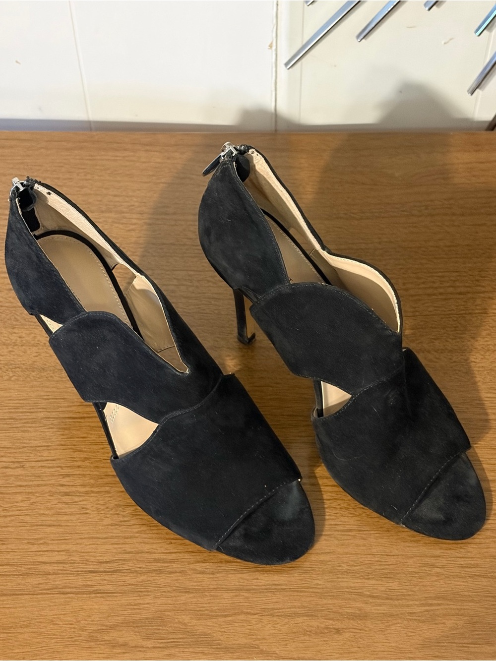 Adrienne Vittadini Black Suede Scalloped Cutout Stiletto Heels